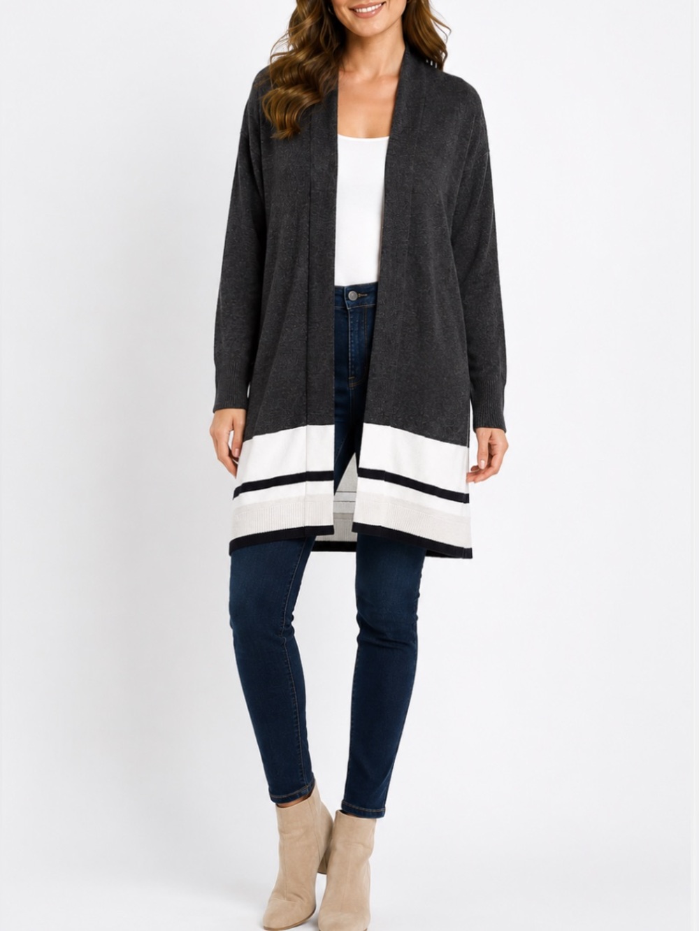 Ann Taylor Loft Grey and White Cardigan Sweater L